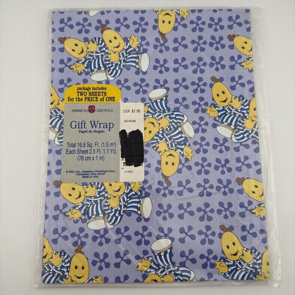 Vintage '90s Bananas in Pajamas Gift Wrap 2 Sheets 16 sq ft Wrapping Paper New!